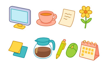 Office objects icon set: colorful flat icons for stationery, technology, and more