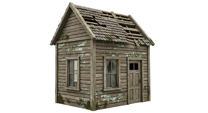 Wooden cabin, dilapidated with peeling paint and damaged roof, cutout, PNG isolated on transparent background