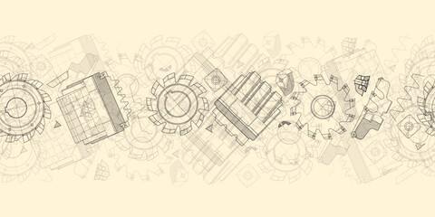 Mechanical engineering drawings on sepia background. Cutting tools, milling cutter. Technical Design. Cover. Blueprint. Horizontal seamless pattern. Vector illustration.