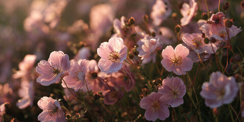 Soft pink flowers glow with morning light, perfect for branding, wellness, or springtime promotions, evoke feelings of peace and serenity (under 150 chars)