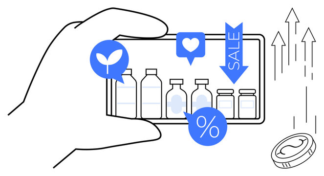 Hand holding smartphone displaying eco-friendly product bottles. Features sale tag, discount symbol, heart, growth arrows, and coin. Ideal for e-commerce, sustainability, marketing sales finance
