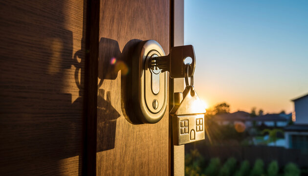 A key with a house-shaped keychain is inserted in a door lock, with a blurred view of houses and a sunset visible through the opening.