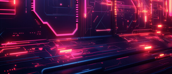 Abstract circuit board glows with neon light, portraying complex digital systems, connectivity, and data flow. Represents security in cyber technology and digital sales like Cyber Monday,