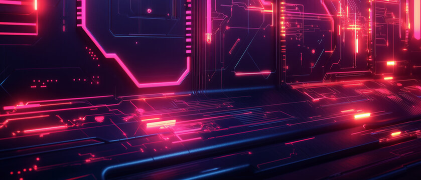 Abstract circuit board glows with neon light, portraying complex digital systems, connectivity, and data flow. Represents security in cyber technology and digital sales like Cyber Monday,