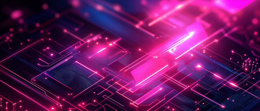Glowing pink and blue electronic circuit board features lines and points. Concepts of digital flow, data, and cyber security are visually represented, suitable for a Cyber Monday sale banner.