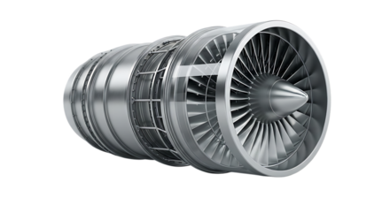 Silver jet engine turbine, detailed cross section with visible fan blades and internal components, cutout, PNG isolated on transparent background