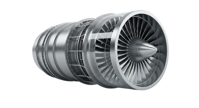 Silver jet engine turbine, detailed cross section with visible fan blades and internal components, cutout, PNG isolated on transparent background