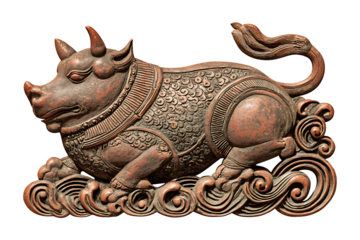 Detailed sculpture of ox carving from eastern culture on transparent backdrop