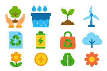 Eco-friendly, renewable energy icon set. Green environment flat icons collection