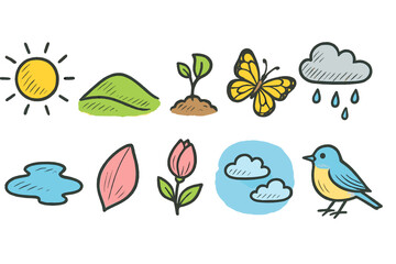 Nature, garden and weather icon set. Hand-drawn, flat style collection