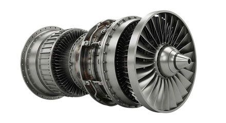 Silver jet engine turbine, detailed cross section with multiple fan blades and internal components, cutout, PNG isolated on transparent background