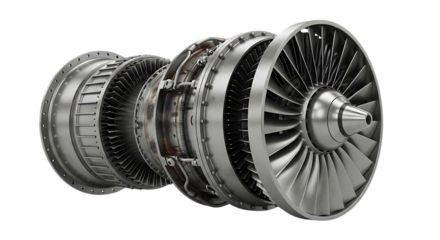 Silver jet engine turbine, detailed cross section with multiple fan blades and internal components, cutout, PNG isolated on transparent background