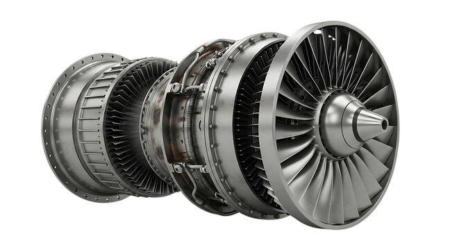 Silver jet engine turbine, detailed cross section with multiple fan blades and internal components, cutout, PNG isolated on transparent background