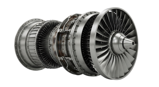 Silver jet engine turbine, detailed cross section with multiple fan blades and internal components, cutout, PNG isolated on transparent background
