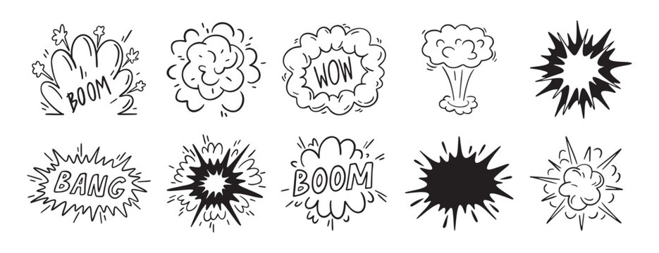 Bomb explosion or Comic explosion boom doodle hand drawn icon set. Outline drawing smoke cloud and fire flash. Atomic boom or dynamite detonation,