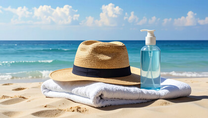 Serene beach scene with hat towel and sanitizer symbolizing safe post pandemic travel. This relaxing vacation represents new normal and peaceful tourism recovery by sea