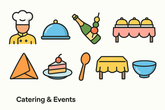 Catering and events flat icon set. Chef, table, food, dining icons flat collection
