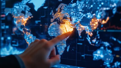 Analyzing Real-Time Global Data on a Computer Screen with Finger Interaction. 4k video - Powered by Adobe