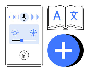 Smart home interface. Smart technology features including voice command, climate control, language translation, and accessibility options. Smart home innovation for UI design, IoT, education