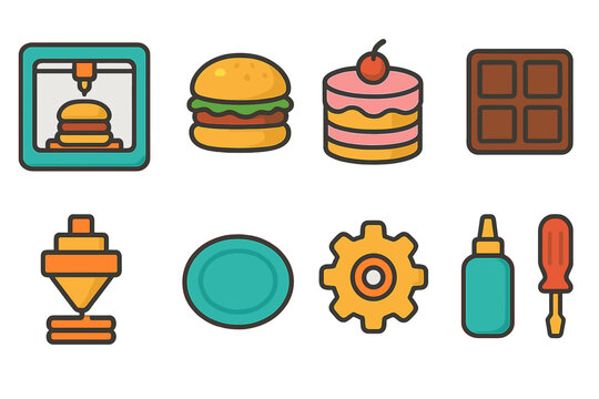 Food and tools icon set. Vibrant flat icons for culinary and diy themes