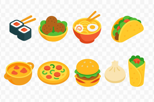 Food and drink flat icon set: sushi, ramen, burgers, and more culinary delights
