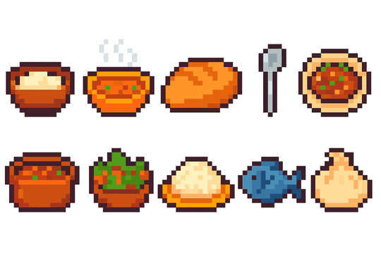 Food and cooking pixel icon set. Delicious meal preparation graphics in pixel style