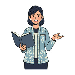 Enthusiastic businesswoman presenting from book with traditional style jacket