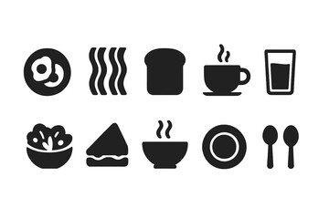 Fototapeta premium Breakfast, brunch silhouette icon set. Morning meal, food symbols silhouette collection
