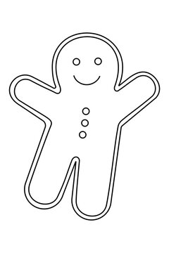 Gingerbread man outline with smiling face and button details. Simple black line drawing cookie design for Christmas baking, holiday recipes, coloring pages, and festive decorations. High-res PNG
