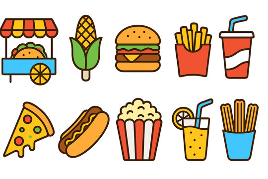 Fast food flat icon set. Snacks, drinks, and quick meals in vibrant flat design.