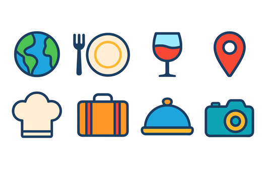 Travel and food flat icon set. Culinary, travel essentials flat icons collection