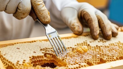A beekeeper in protective gloves uses a fork to uncap a honeycomb frame.