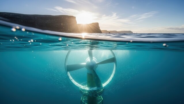 A split-level underwater shot of a single tidal turbine with the sun setting behind coastal cliffs.