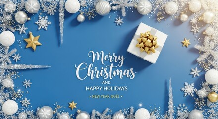Elegant Merry Christmas and Happy Holidays greeting with festive ornaments, snowflakes, gift box, and gold stars on a vibrant blue background.
