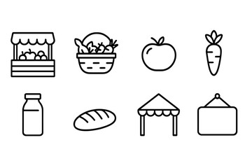 Agriculture and market line icon set: fresh produce, farming, grocery symbols