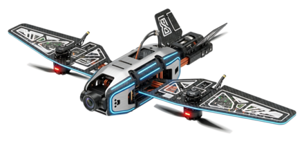 Racing drone, futuristic with camera and blue LED lights, cutout, PNG isolated on transparent background