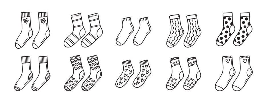 Cute socks doodle hand drawn icon set. Outline drawing cute socks line clipart symbol collection