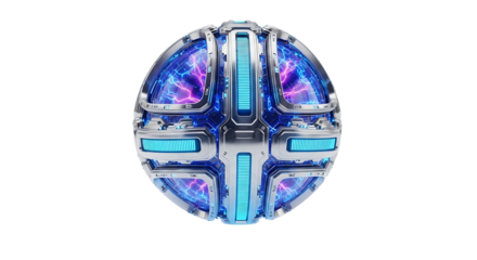 Metallic sphere, futuristic with glowing blue lights and electrical energy, cutout, PNG isolated on transparent background