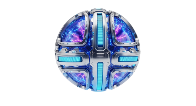 Metallic sphere, futuristic with glowing blue lights and electrical energy, cutout, PNG isolated on transparent background
