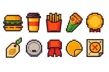 Vintage 8-bit food icon set for fast food, retro gaming, and rewards collection