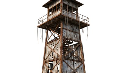 Wooden watchtower, dilapidated with rusty metal frame, cutout, PNG isolated on transparent background