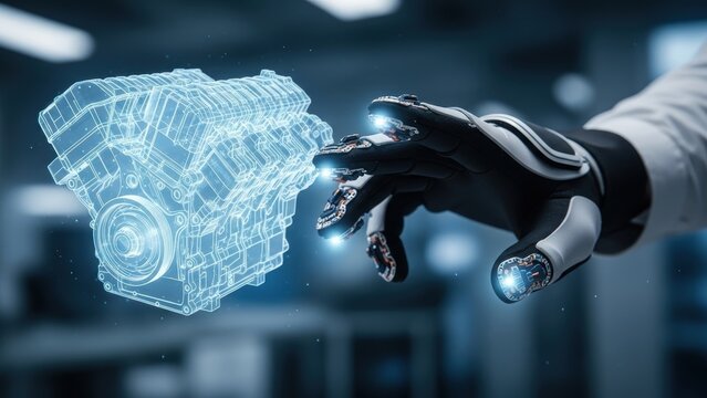A person wearing a robotic glove interacts with a holographic 3D model of an engine. - Powered by Adobe