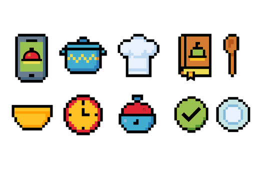 Cooking and kitchen pixel icon set. Culinary, recipe icons collection in pixel art style