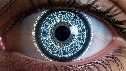 A close-up of a cybernetic eye with a glowing blue digital pattern around the iris.