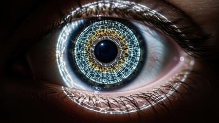 An extreme close-up of a futuristic bionic eye with a glowing data-grid pattern.