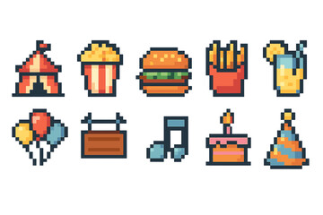 Retro gaming icon set. Vintage, 8-bit party icons in flat style collection