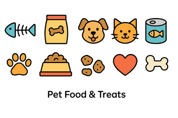 Fototapeta premium Pet food and treats icon set in flat style for animal lovers and pet stores