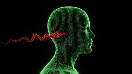Obraz premium A digital head made of binary code with a red energy wave exiting the ear against a black background.