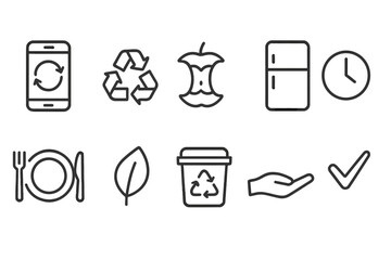 Sustainability outline icon set: recycling, eco-friendly living, waste management icons