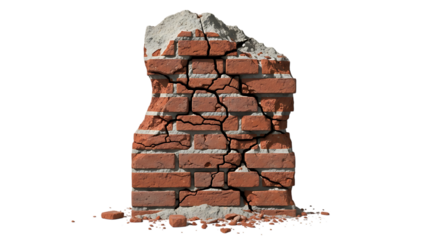 Red brick wall fragment, cracked with crumbling mortar and debris, cutout, PNG isolated on transparent background